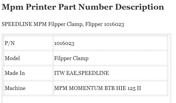 Mpm Printer Filpper Clamp 1016023