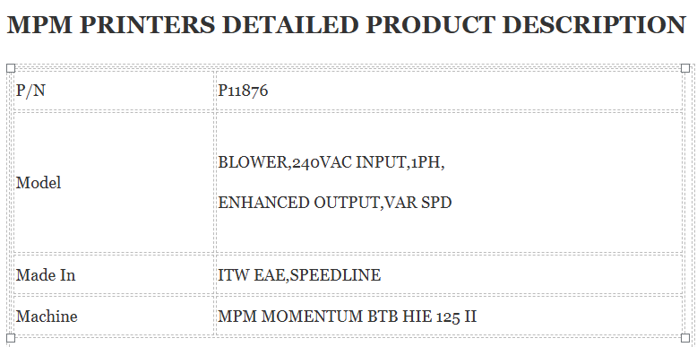1011686 Mpm Printer P11876 Blower