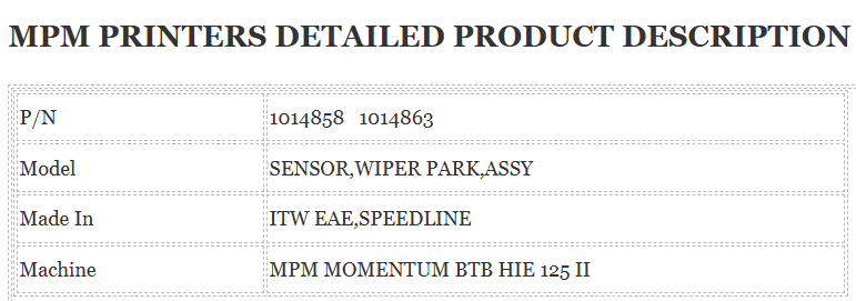 1014863 MPM Printer SENSOR,WIPER PARK,ASSY