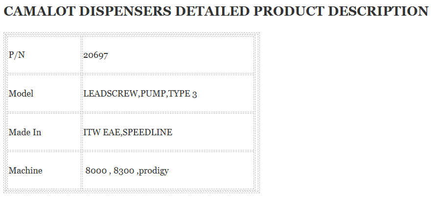 20697 Pump refers to a Pump 680 Leadscrew used in Camalot Dispensers by ITW EAE.