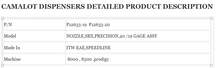 sbx,precision,20/19 gage ASSY , P12633-19 Nozzle and P12633-20 are critical for achieving precise material application in Camalot dispensers.