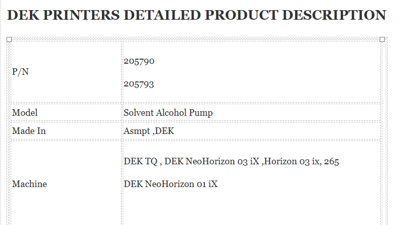 205790 KNF PL8081 10 SOLVENT PUMP is a component used in ASMPT or DEK printers