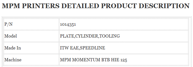 Mpm Printer PLATE, CYLINDER, TOOLING (Part No. 1014351)