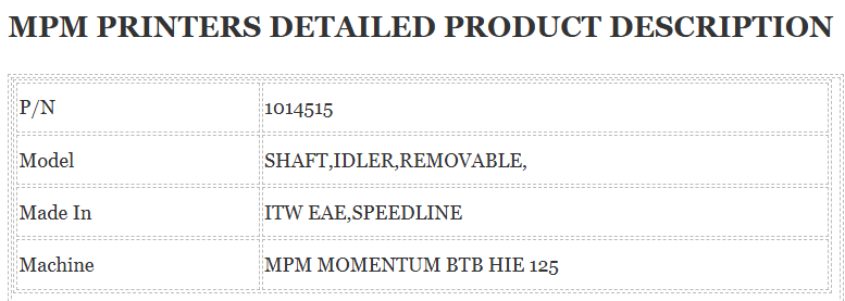Mpm Printer 1014515 is an essential component in the ITW EAE printer