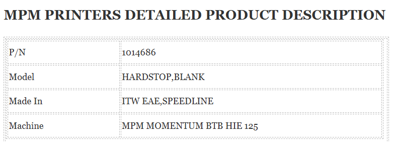 Mpm Printer 1014686 hardstop