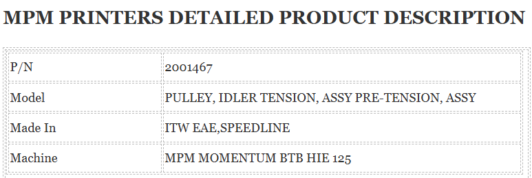 PULLEY, IDLER TENSION, ASSY PRE-TENSION, ASSY ,Mpm Printer 2001467