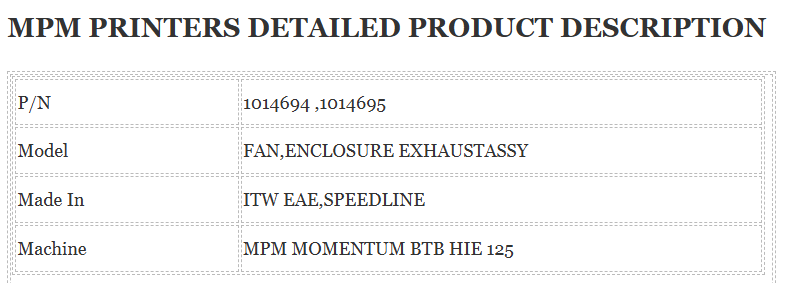MPM Printer FAN (1014694 ITW EAE 1014695)