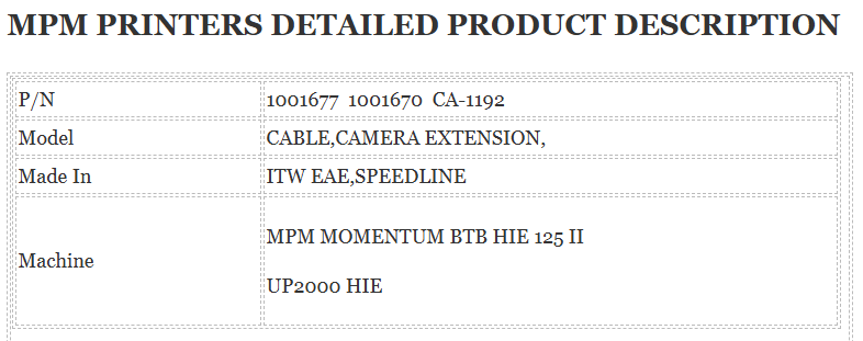 mpm camera cable mpm printer parts 1001670 1001677