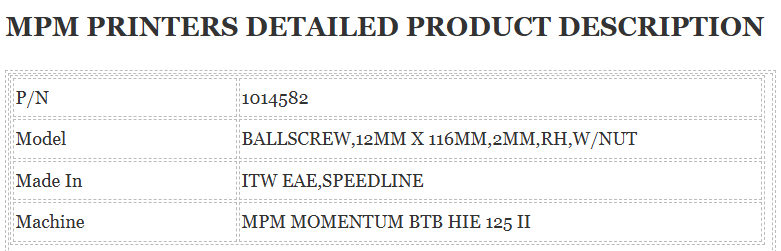 BALLSCREW,12MM X 116MM,2MM,RH,W/NUT , MPM Printer 1014582