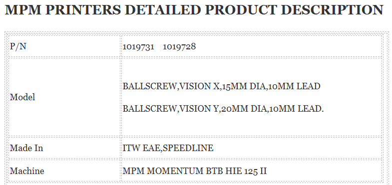 MPM Printer 1019731 and 1019728 ballscrews