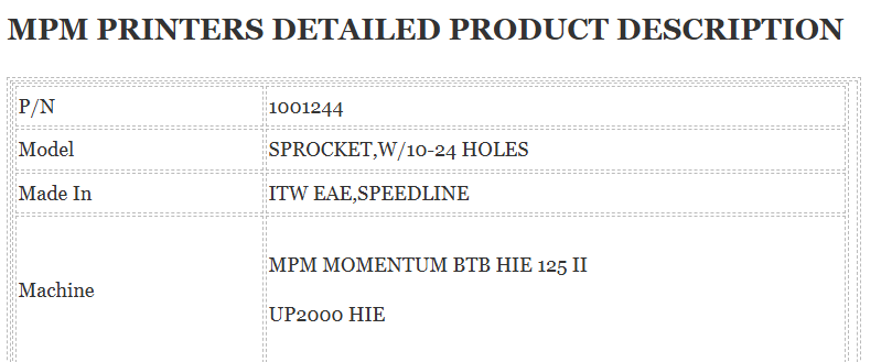 MPM Printer 1001244 sprocket