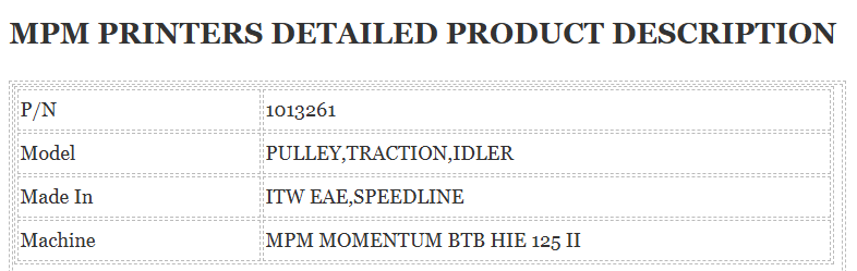 MPM Printer 1013261 Pulley