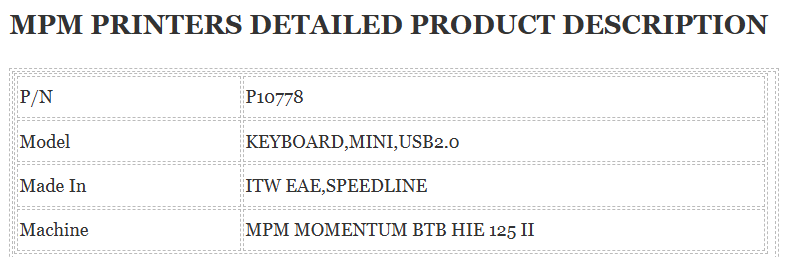 MPM Printer P10778 Keyboard