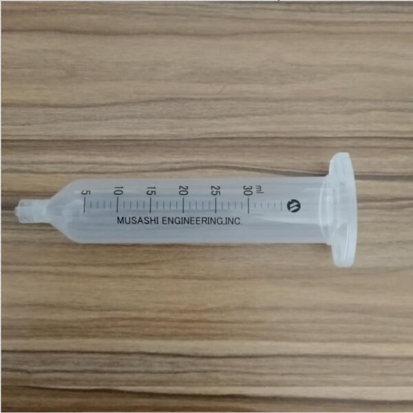 Musashi PSY-30F-M clear syringe 30mL with graduated scale, dispenser use.